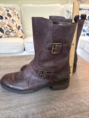 Enzo Angiolini Distressed Brown Leather Moto Boots with Buckles